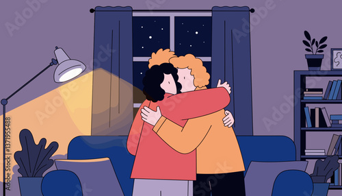 Intimate hug between two individuals in cozy living room, warmth of connection