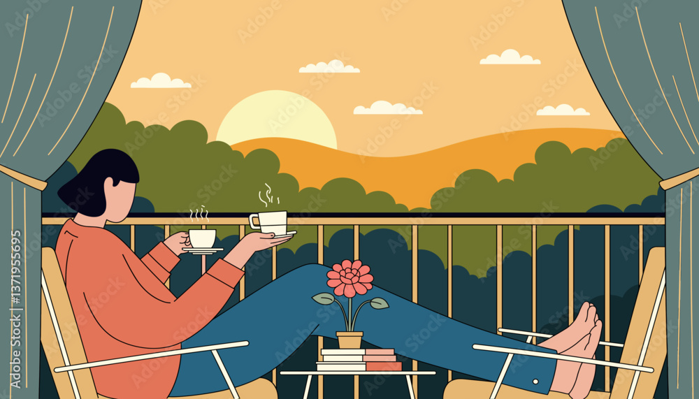 Relaxed individual enjoying tea on a balcony at sunset, tranquil vibe