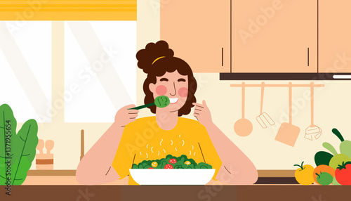 Vibrant woman enjoying fresh salad in cozy kitchen, healthy living