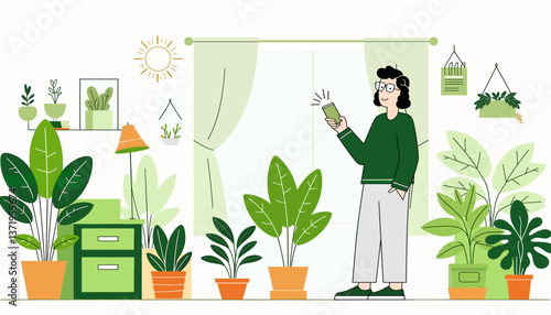 Enthusiastic individual practicing sustainable living surrounded by plants, eco-friendly lifestyle