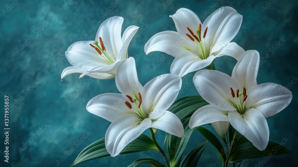 Fototapeta premium White Lily Flowers on a Mourning Background with Copy Space
