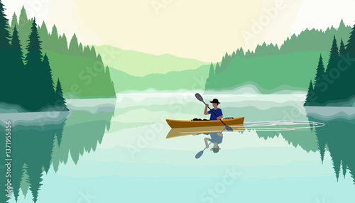 Serene kayaking on tranquil lake at dawn, peaceful reflection