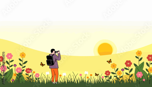 Person photographing vibrant wildflowers in meadow, capturing nature's beauty