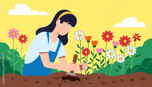Person joyfully planting vibrant flowers in a lush garden, serenity