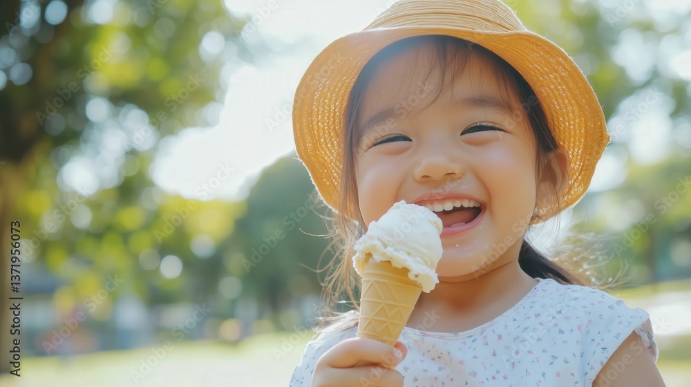 Happy child enjoying ice cream in a sunny park, bright colors, warm natural light, pure summer joy Happy child enjoying ice cream in a sunny park, bright colors, warm natural light, pure summer joy