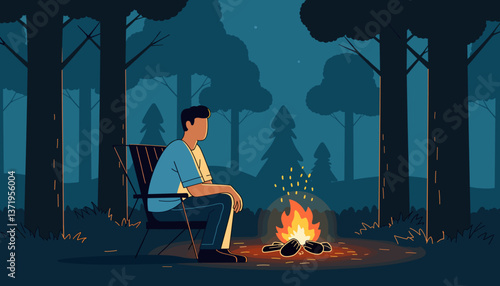 Contemplative individual sitting by campfire in serene forest, connection