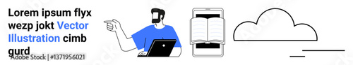 Man pointing while using laptop, open book displayed on smartphone screen, and cloud icon. Ideal for technology, education, e-learning, cloud storage, data, digital tools flat landing page banner