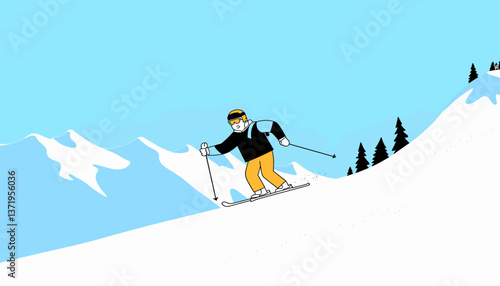 Confident skier descending snowy slope, winter adventure