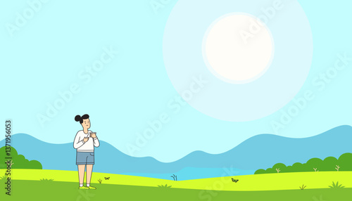 Person enjoying nature in lush meadow under bright sun, peacefulness