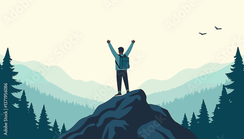 Confident man expressing triumph on mountain summit, conquering heights