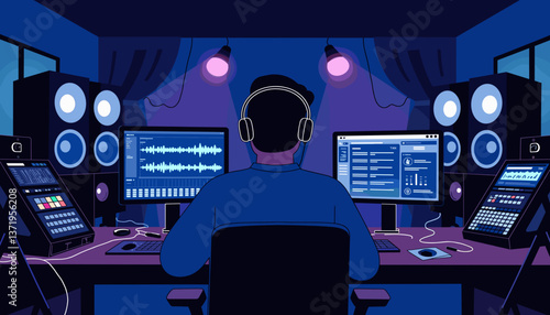 Focused individual creating audio in advanced recording studio, concentration