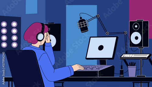 Focused individual recording in modern studio, creative immersion
