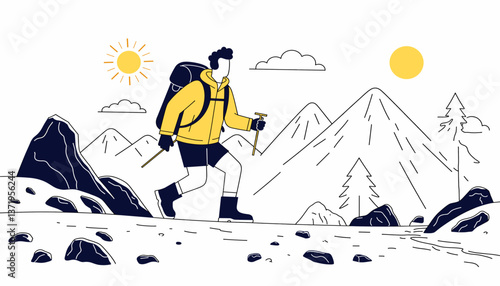 Energetic hiker exploring rocky paths in mountainous landscape, adventure