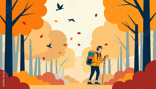 Outdoor enthusiast hiking through a serene forest in autumn, adventure