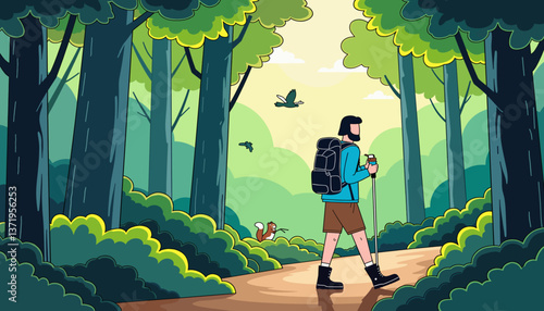 Person hiking in lush forest during midday, exploring nature
