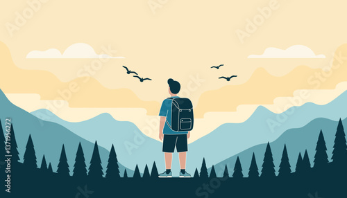 Traveler admiring scenic mountain vista at dawn, adventure awaits