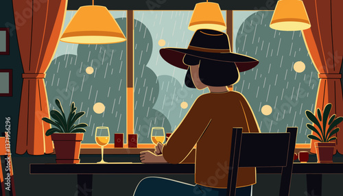 Fashionable individual enjoying cozy café ambiance on rainy afternoon, tranquility