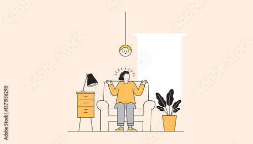 Calm person relaxing in minimalist living room, radiating tranquility