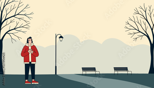 Solemn person standing in foggy park, quiet reflection