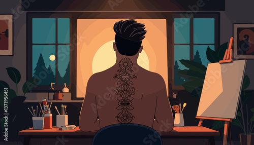 Individual admiring intricate tattoo in art studio at sunset, creativity