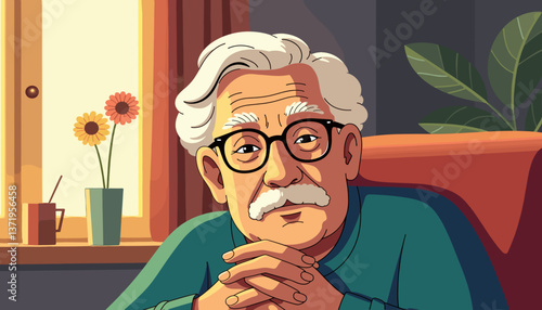 Elderly man reflecting thoughtfully in cozy room, wisdom and experience