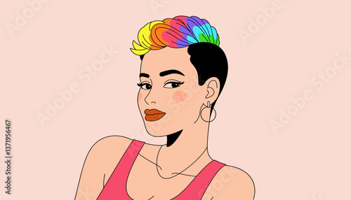 Confident woman with rainbow hair posing in minimalist studio, self-expression