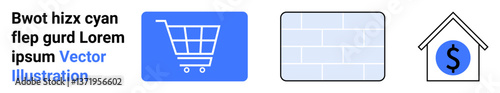 A shopping cart, blue brick wall, and house with dollar sign reflect e-commerce, investment, and financial planning. Ideal for retail, real estate, banking, trade shopping savings simple landing
