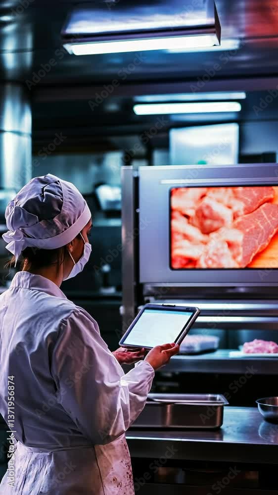 Chef checks cooking instructions on tablet while monitoring meat preparation in a professional kitchen