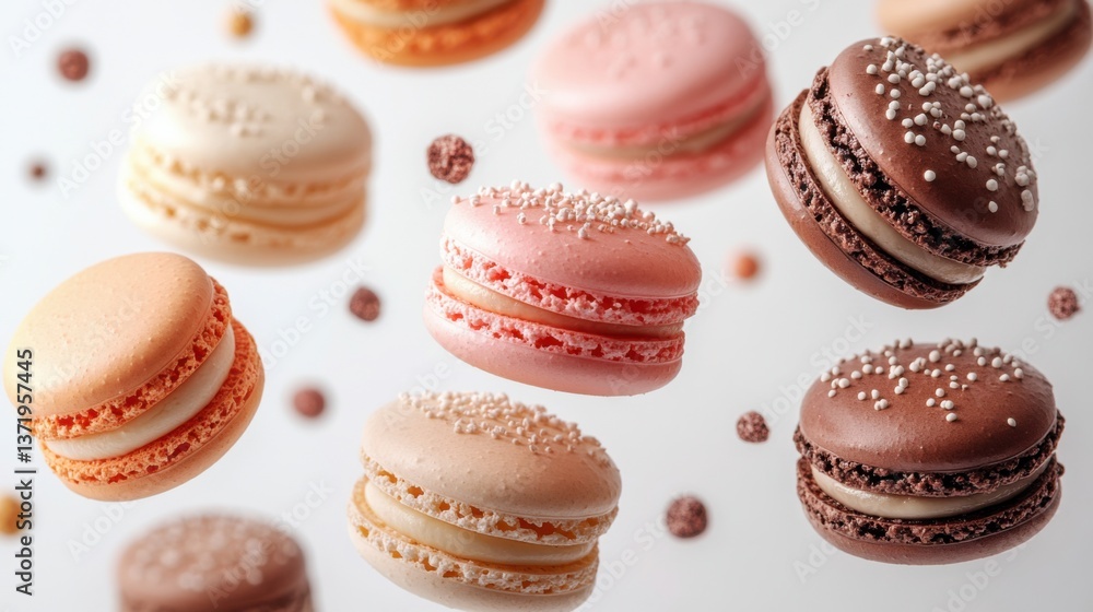 Obraz premium Assorted Sweet Macarons in Mid-Air on Transparent Background