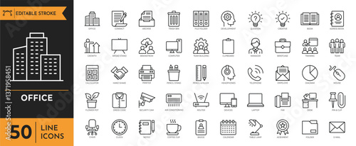 Office icon set. Containing Office, Plant, Printer, Office Tools, Conversation, Meeting, Coffee, Chart, and more. Vector editable icon set