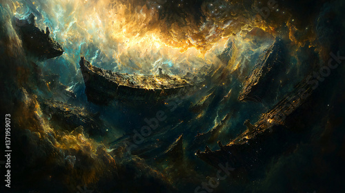 Stunning nebula illuminated by a large star at its center creating a breathtaking cosmic landscape filled with colorful gas and dust clouds.