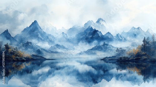 Wallpaper Mural Misty mountain lake, serene reflection, autumnal forest, tranquil landscape Torontodigital.ca