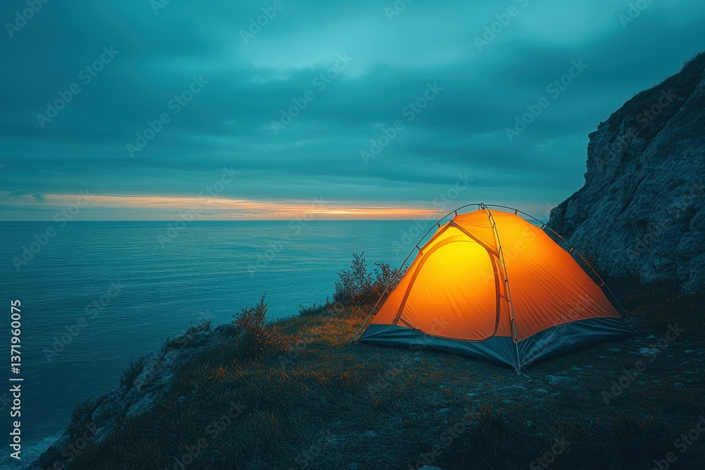Solitary Camp: A lone tent, bathed in a warm inviting glow, perched precariously on a rugged cliffside, overlooking the vast expanse of a tranquil sea under a dusky sky. Solitary Camp: A lone tent, bathed in a warm inviting glow, perched precariously on a rugged cliffside, overlooking the vast expanse of a tranquil sea under a dusky sky.