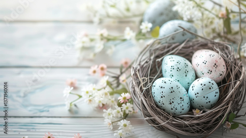 Easter background with pastel eggs in nest and flowers on white wooden table.