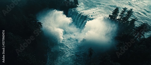 Cinematic drone shot of waterfall preservation in nature high fidelity environment aerial view concept