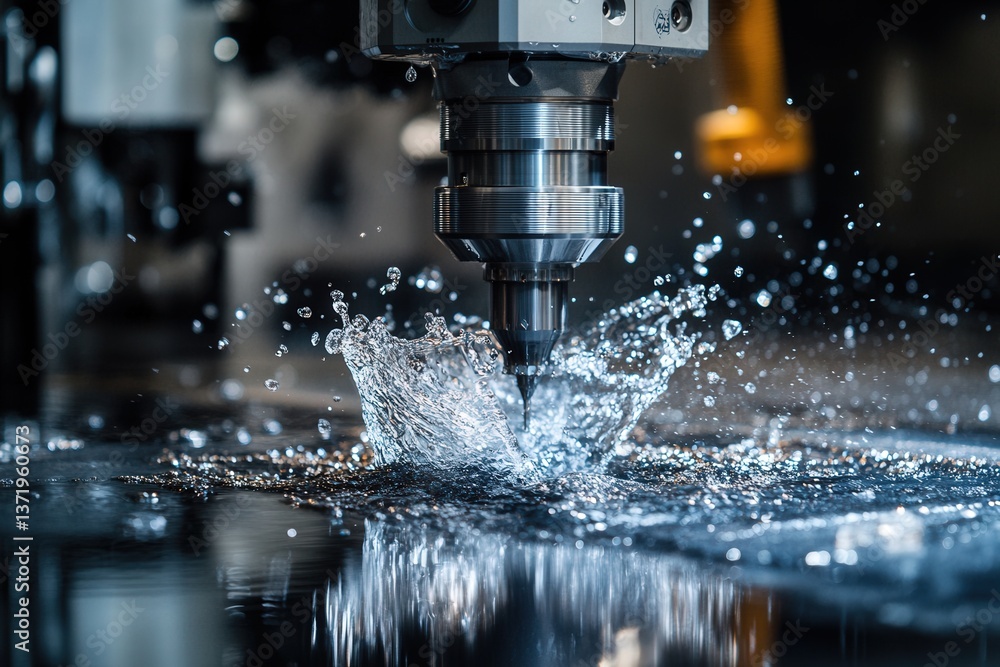 Close-up of a CNC machine tool cutting metal with water splash, showcasing precision engineering and industrial expertise. Close-up of a CNC machine tool cutting metal with water splash, showcasing precision engineering and industrial expertise.