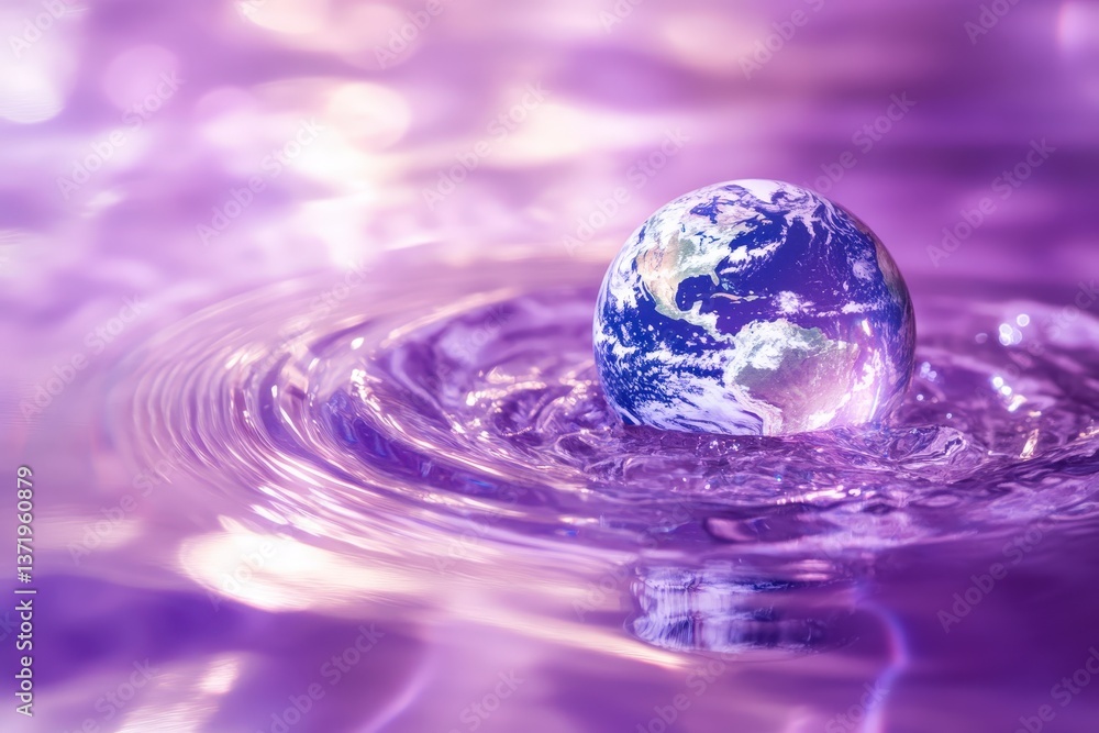 The world reflected in rippling purple water with a soft glow The world reflected in rippling purple water with a soft glow
