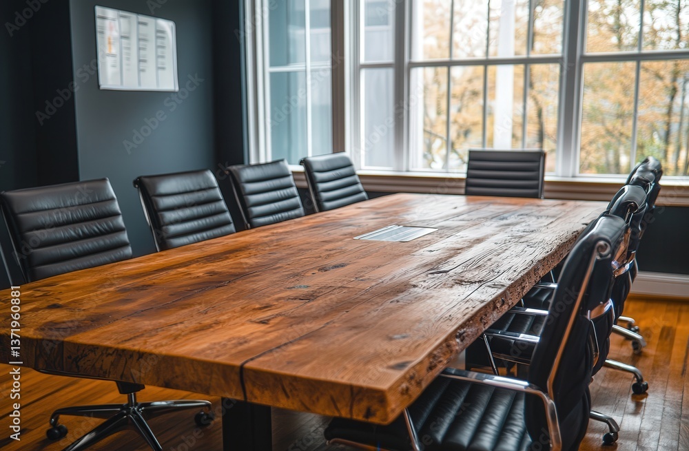 Naklejka premium Sleek conference room with modern black chairs around a large wooden table near bright windows.