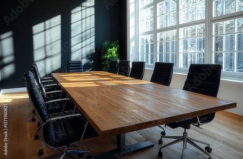 Modern empty boardroom with wooden table and black leather chairs, bathed in natural light from tall windows.