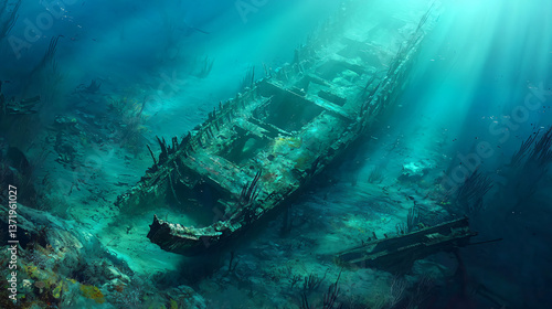 Enigmatic ship resting beneath the ocean surface surrounded by marine life with sunlight filtering through the clear water above.