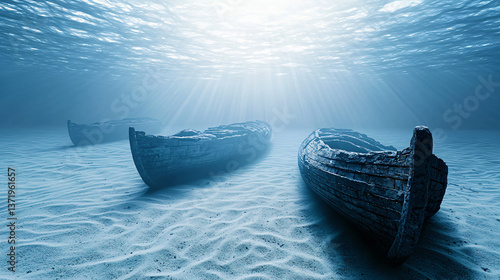 Two boats floating gracefully on the open ocean underneath a vast expansive sky with gentle waves creating a peaceful seascape.