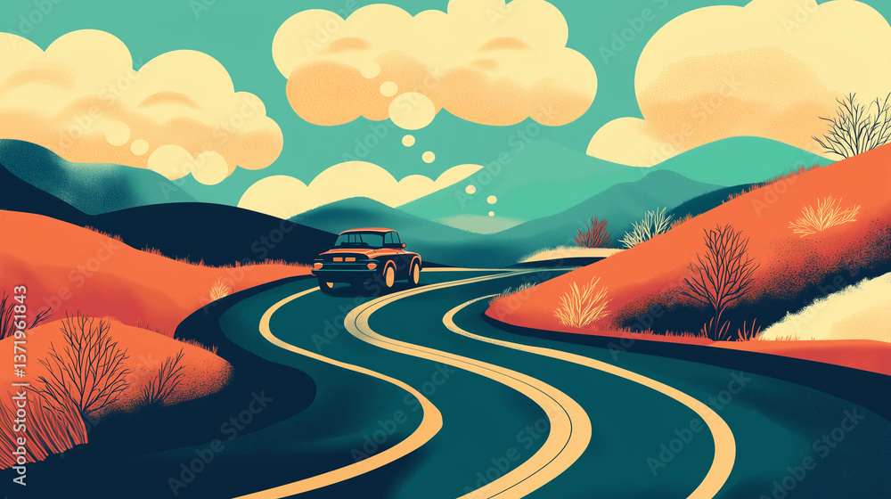 Fototapeta premium Illustration of a car driving down a colorful winding road