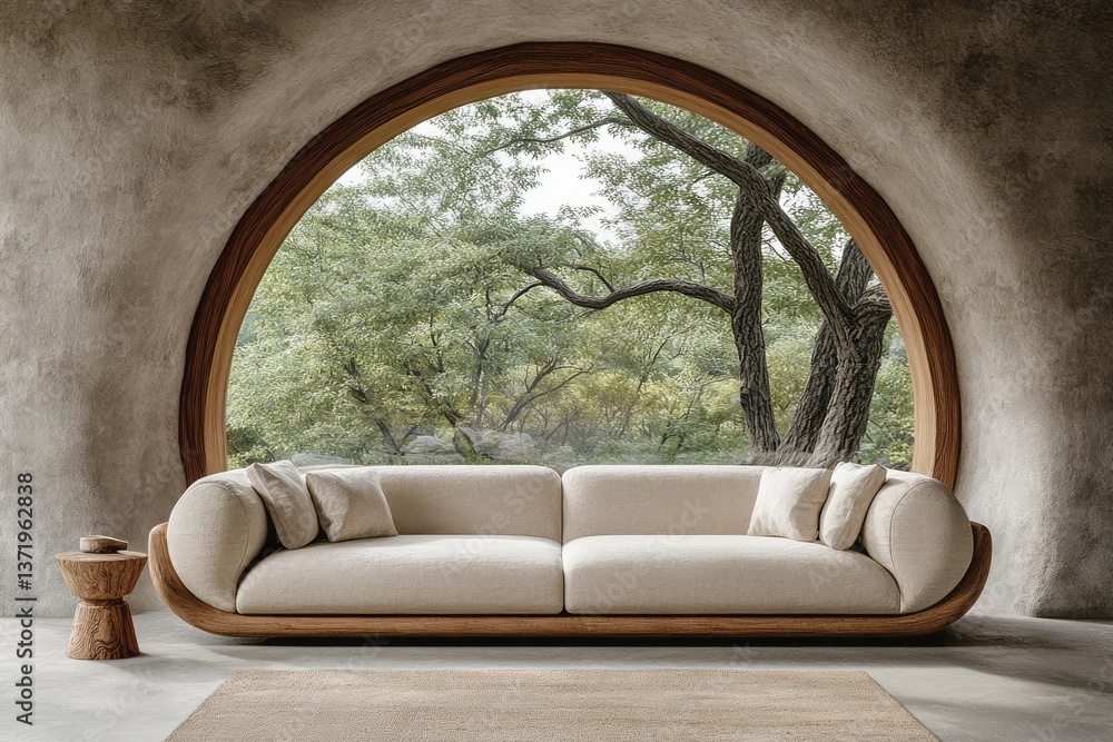 Fototapeta premium Living room featuring modern sofa with a natural window view