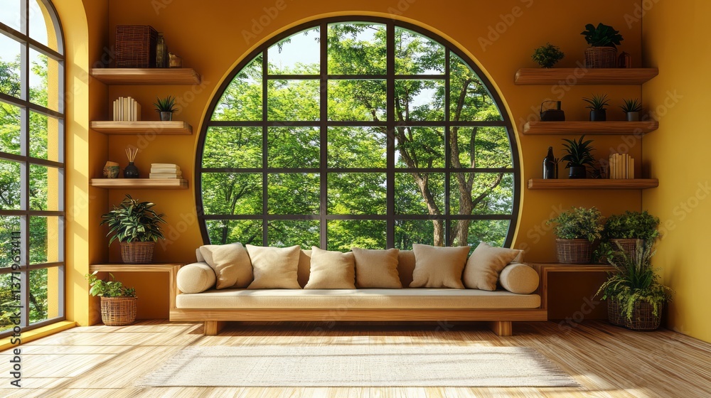 Fototapeta premium Living room boasts a stunning round window with nature view