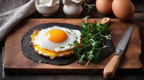rustic fried egg served on a dark wooden cutting board, the egg's golden yolk spilling gently onto the board.