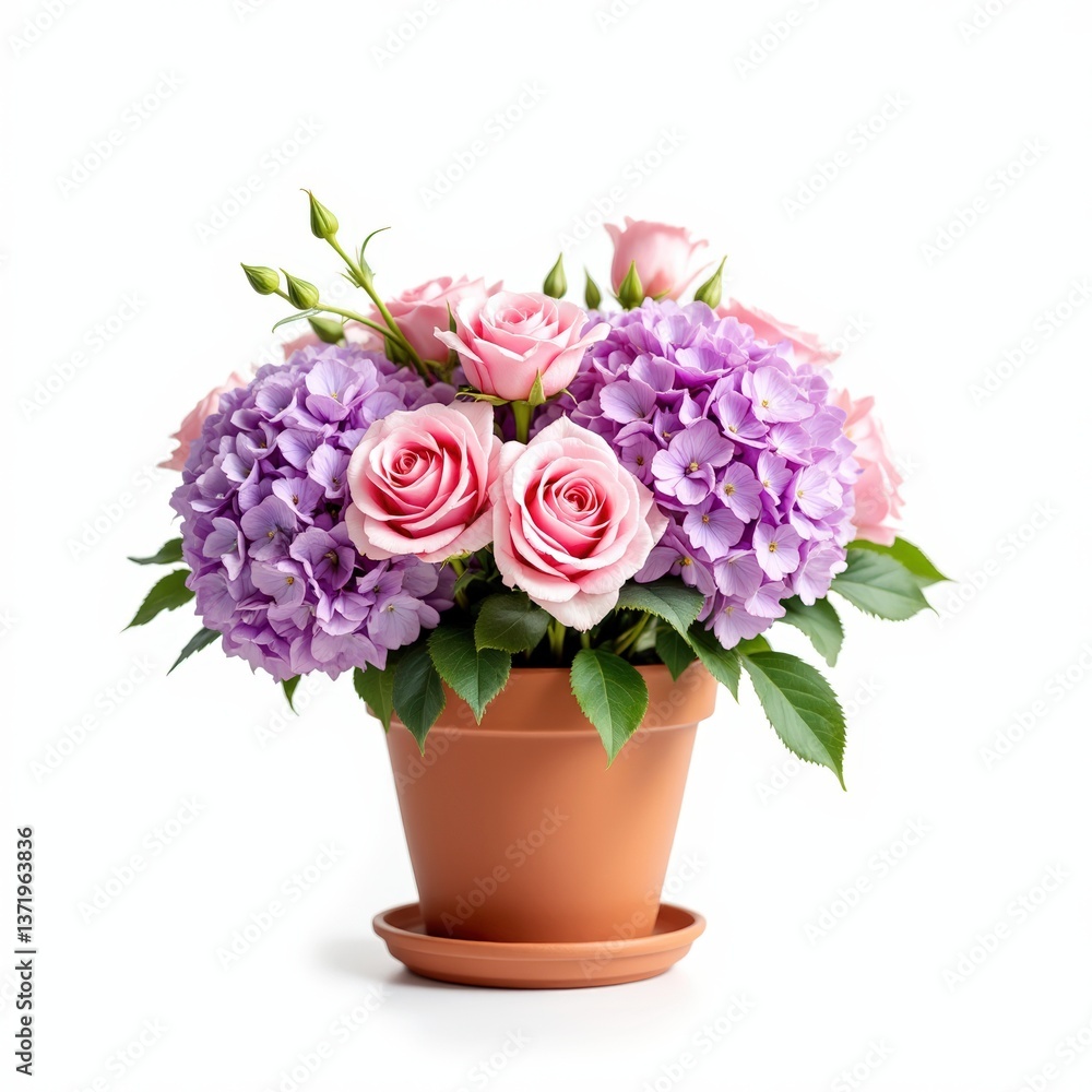 Beautiful flowers in a pot with hydrangeas and roses Beautiful flowers in a pot with hydrangeas and roses