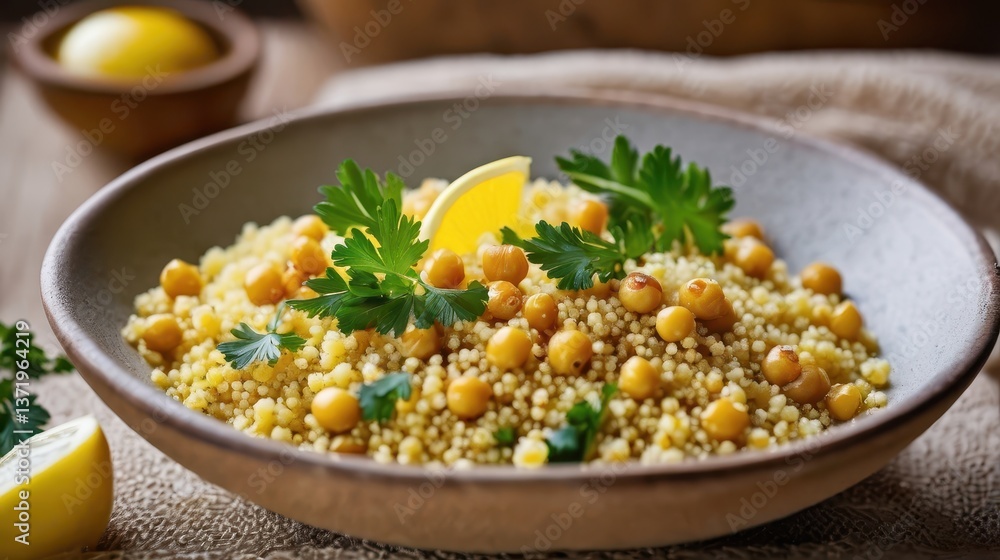 light, fluffy couscous served in a rustic ceramic bowl on a textured wooden surface. light, fluffy couscous served in a rustic ceramic bowl on a textured wooden surface.