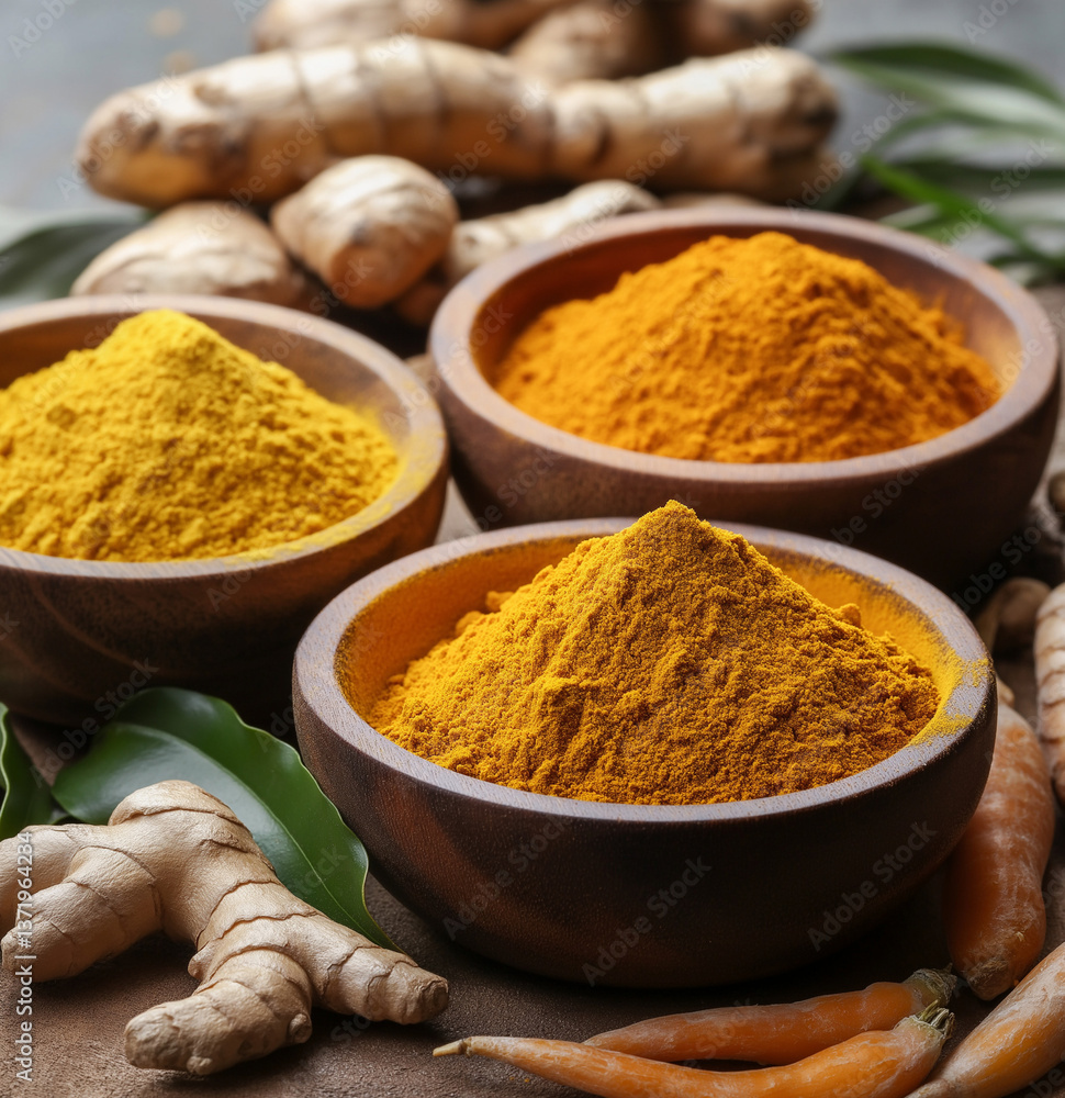 Turmeric and Ginger Powder with Colorful Spices High-Resolution Stock Image Featuring Wooden Bowls, Fresh Green Leaves, and Seasonings for Culinary and Herbal Design Concepts Turmeric and Ginger Powder with Colorful Spices High-Resolution Stock Image Featuring Wooden Bowls, Fresh Green Leaves, and Seasonings for Culinary and Herbal Design Concepts
