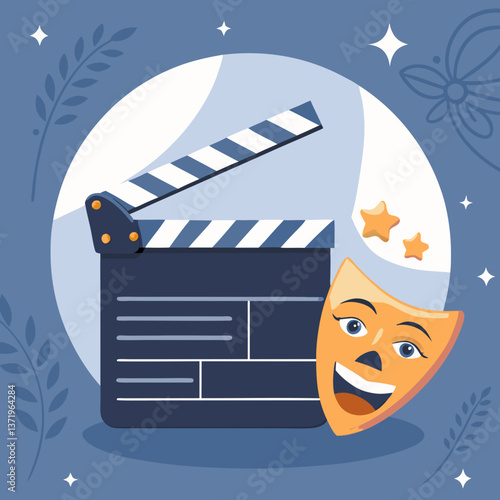 Theater Clapperboard with Drama Mask Celebrating Creativity  
