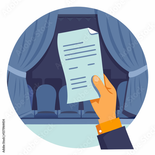 Hand Holding Theater Script in Front of Stage with Curtains  